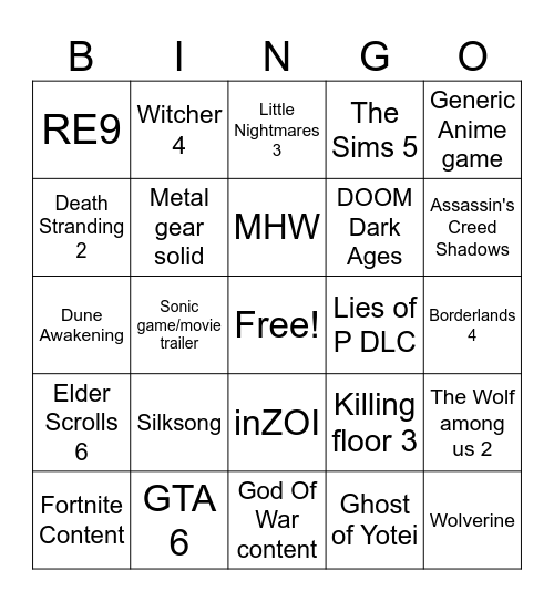 The Game Awards 2024 Bingo Card