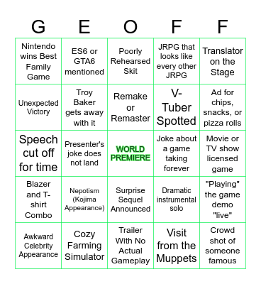 THE GAME AWARDS BINGO Card