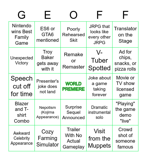 THE GAME AWARDS BINGO Card