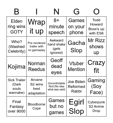 Game Awards Bingo Card