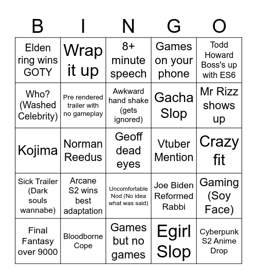 Game Awards Bingo Card
