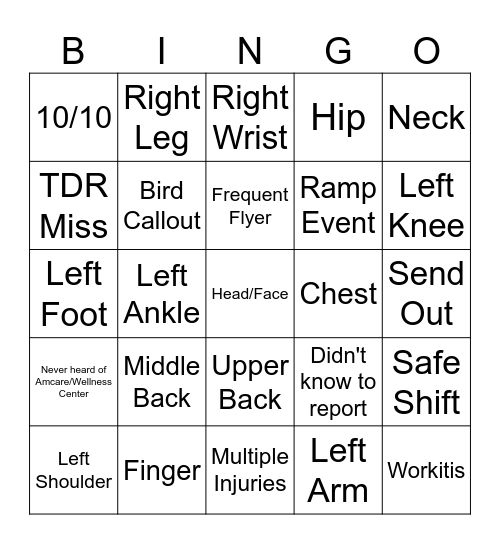 PEAK Safety Bingo Card