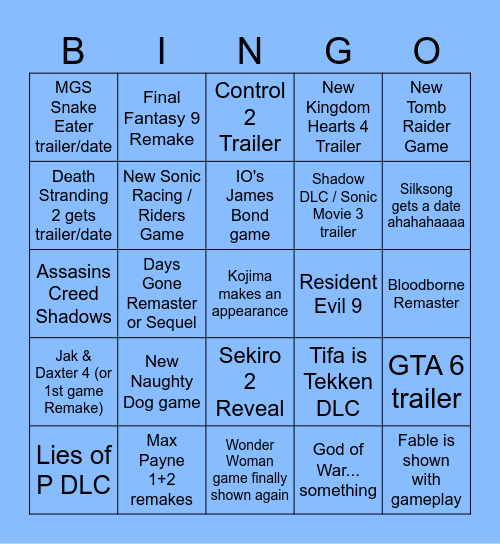 Game Awards 2024 Predictions Bingo Card