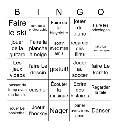 Les passe-temps Bingo Card