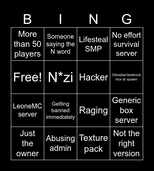 Random minehut server Bing Bingo Card