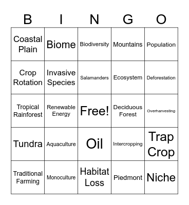Biosphere Bingo Card