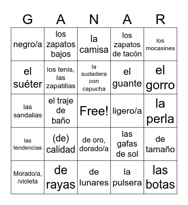 SPA 2, Unit 2A:  Ropa y moda (ENG-->SPA) Bingo Card