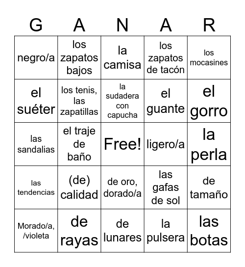 SPA 2, Unit 2A:  Ropa y moda (ENG-->SPA) Bingo Card