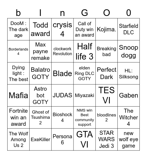 THE GAMES AWARD Bingo Card