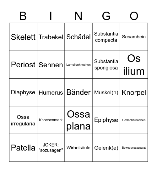 Knochenlehre-Bingo Card