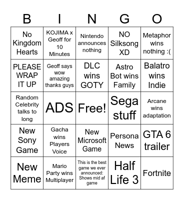 Game Awards 2024 Bingo Card