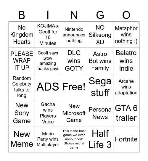 Game Awards 2024 Bingo Card