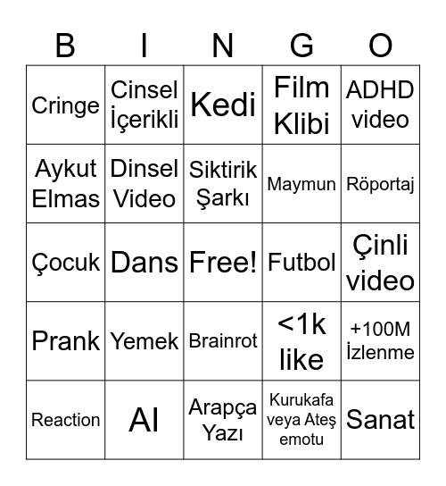 Youtube Shorts Bingo Card