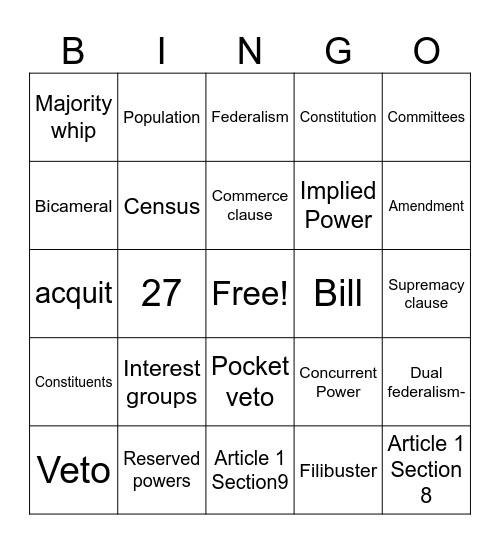 Legislative Branch Bingo Card
