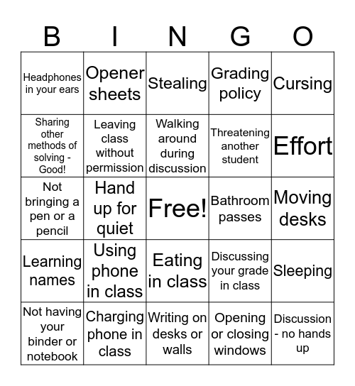 Class Rules Bingo Card