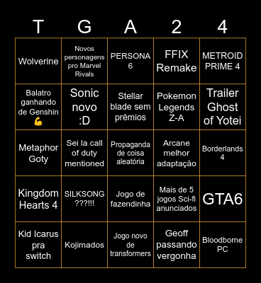 The Game Awards 2024 Bingo Card