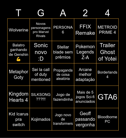 The Game Awards 2024 Bingo Card