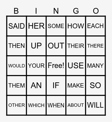 SIGHT WORDS Bingo Card