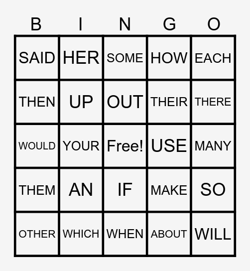 SIGHT WORDS Bingo Card
