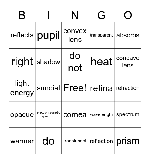 Light Energy Bingo Card