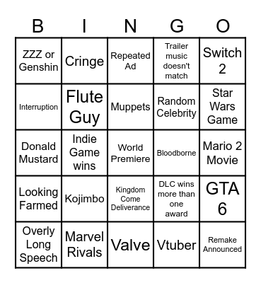 Game Awards 2024 Bingo Card