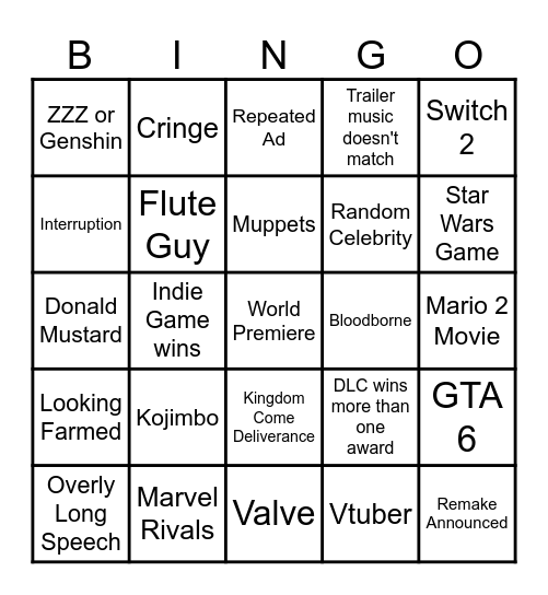 Game Awards 2024 Bingo Card