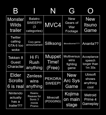 Game Awards Bingo Card
