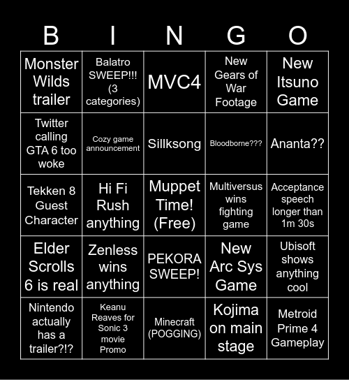 Game Awards Bingo Card