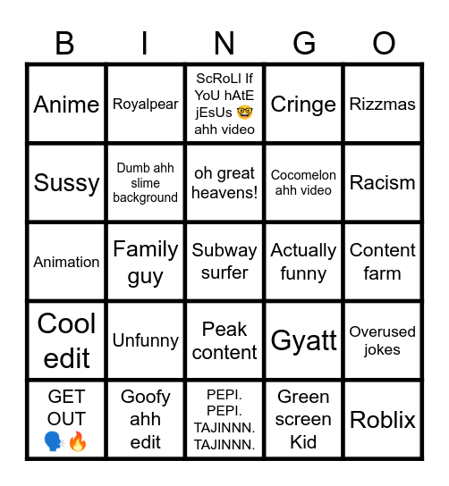 Yt shorts bingo Card