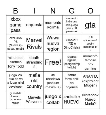 Nacho Tga 2024 Bingo Card