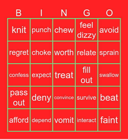 verbs Bingo Card