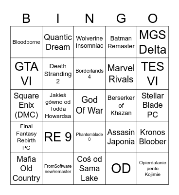 Game Awards 2024 Pred Bingo Card