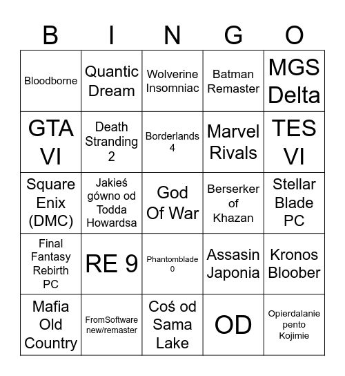 Game Awards 2024 Pred Bingo Card