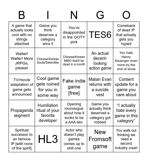 TAL’s Gamawards Bingo Card