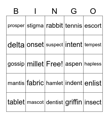 VC/CV syllable division Bingo Card