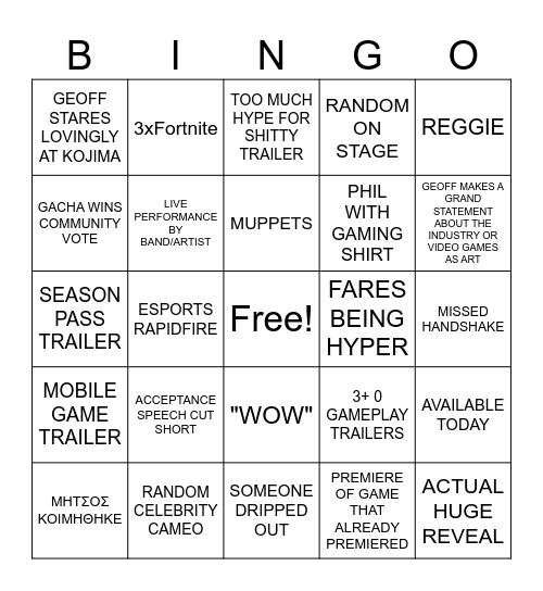 TGA 2024 Bingo Card