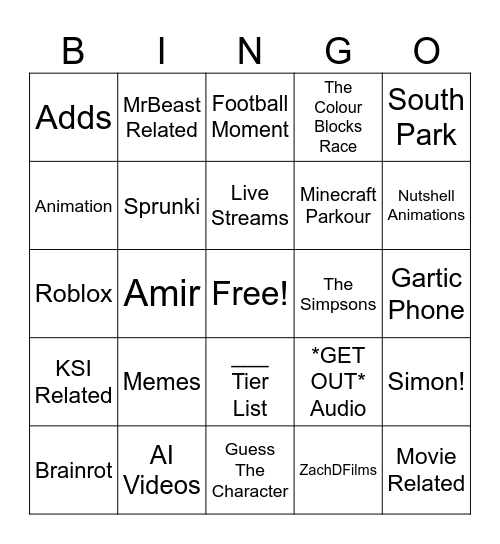 YT Shorts Bingo Card