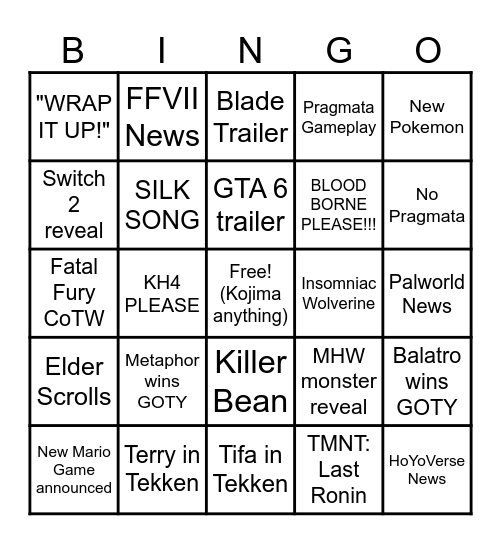 🕹️🌟GAME AWARDS 2024🌟🎗️ Bingo Card