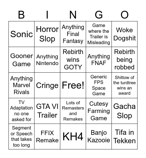 Game Awards 2024 Bingo Card