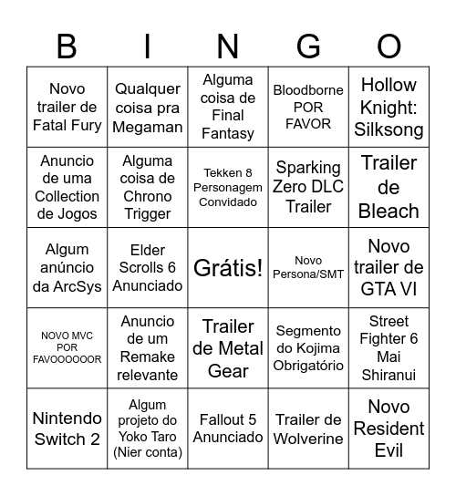 The Game Awards Bingo Card