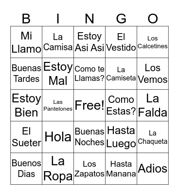 Spanish Review Bingo Card