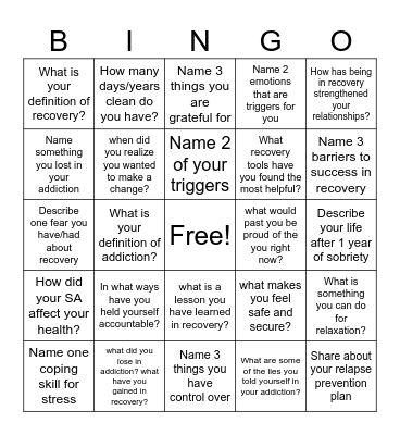 Recovery Bingo! Bingo Card