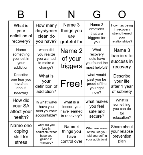 Recovery Bingo! Bingo Card