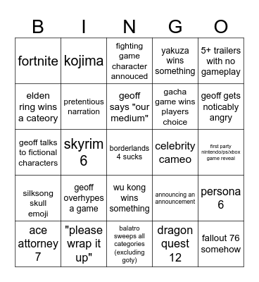GAME AWARD BINGO Card