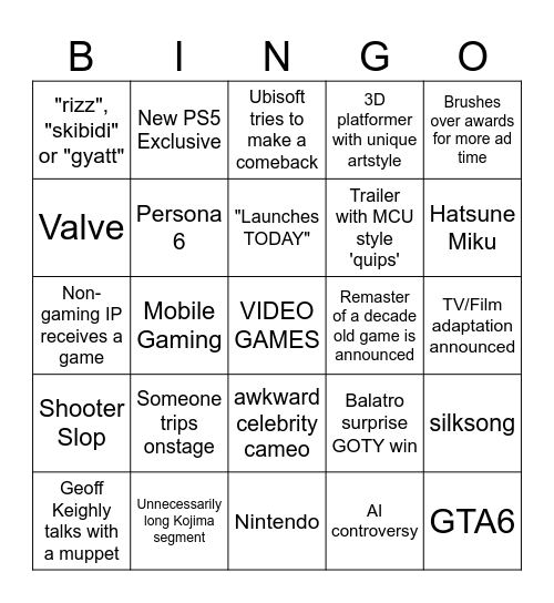 The Game Awards 2024 Bingo Card