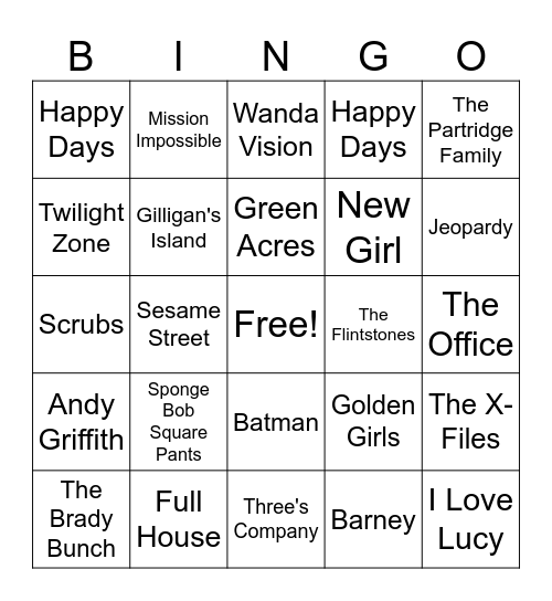 TV Theme Songs Bingo Card