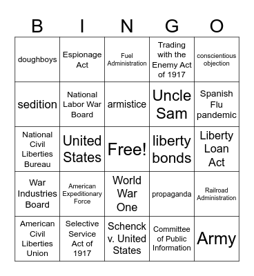 U.S. Goes "Over There" Bingo Card