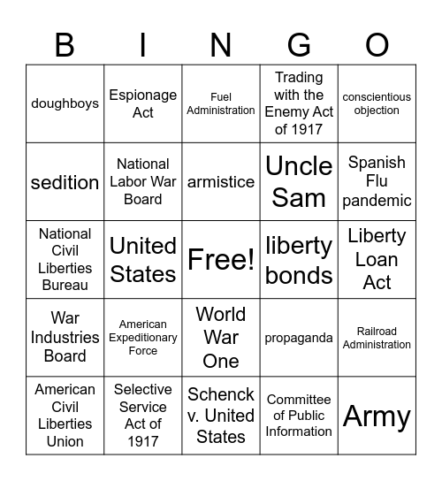 U.S. Goes "Over There" Bingo Card