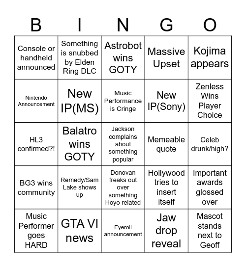The Game Awards 2024 Bingo Card