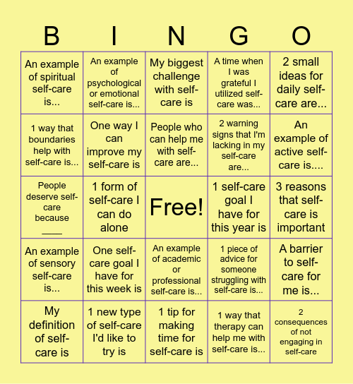 Self-Care Bingo Card